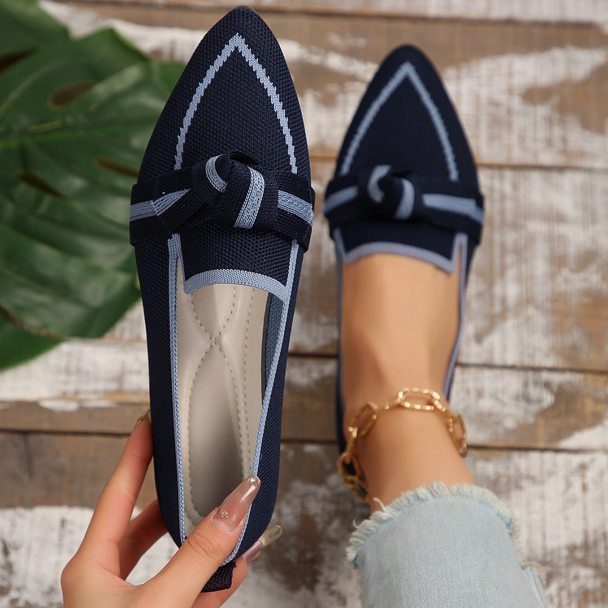 Bow Contrast Trim Point Toe Loafers-Teresa&#39;s Fashionista LLC