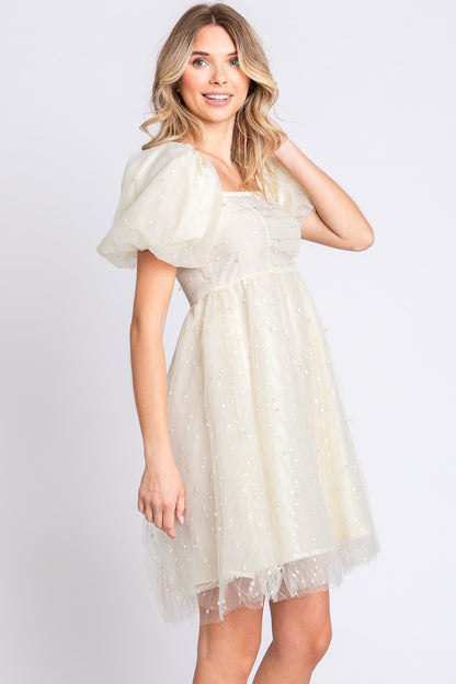 GeeGee Pearl Mesh Puff Sleeve Babydoll Dress-Teresa&#39;s Fashionista LLC