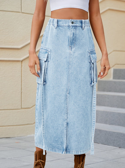 Slit Pocketed High Waist Denim Skirt-Teresa&#39;s Fashionista LLC