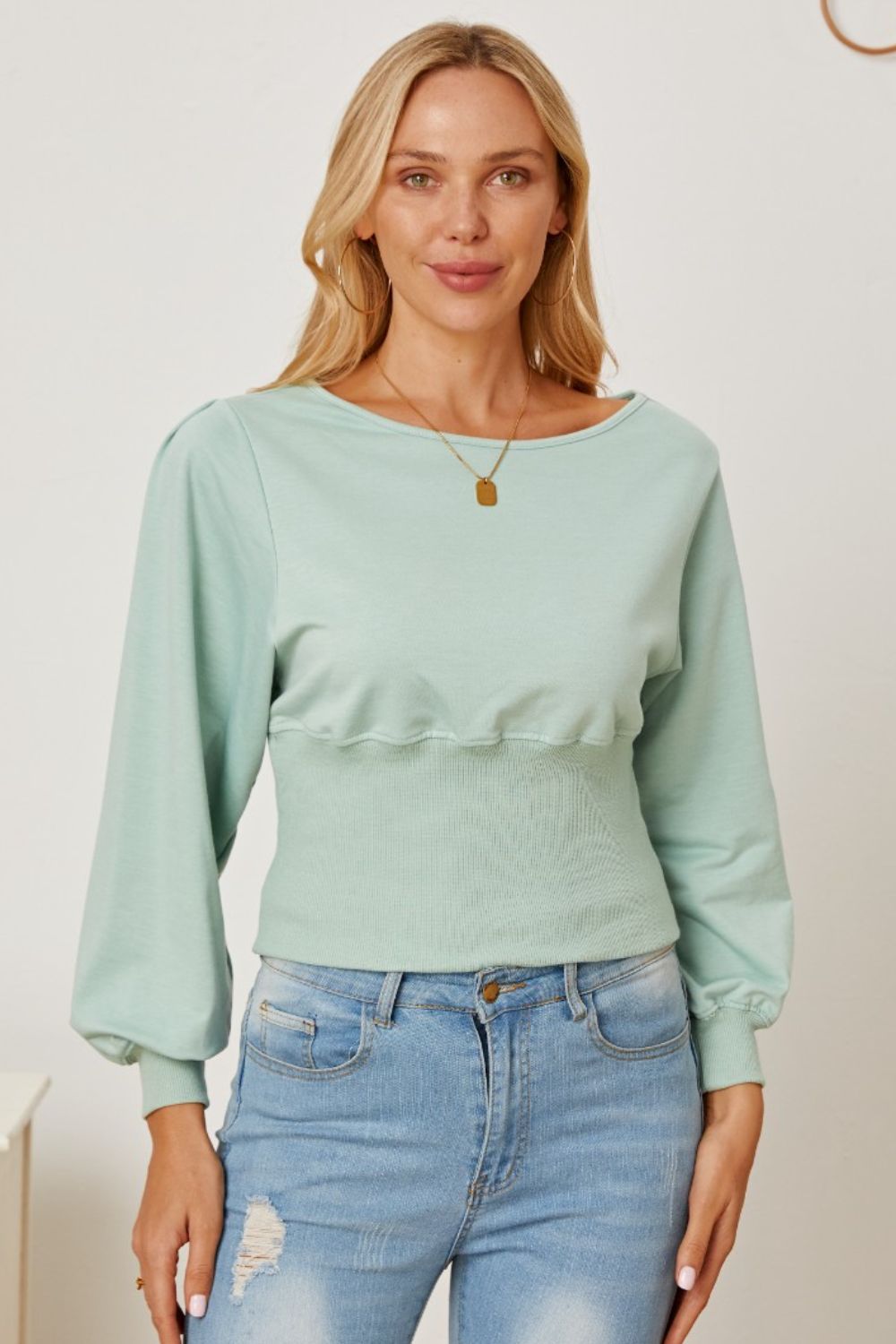 Boat Neck Lantern Sleeve Blouse-Teresa&#39;s Fashionista LLC