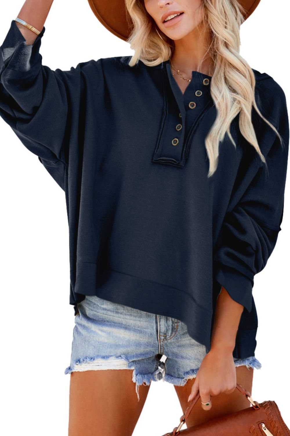 Quarter-Button Exposed Seam Dropped Shoulder Hoodie-Teresa&#39;s Fashionista LLC