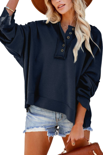 Quarter-Button Exposed Seam Dropped Shoulder Hoodie-Teresa&#39;s Fashionista LLC