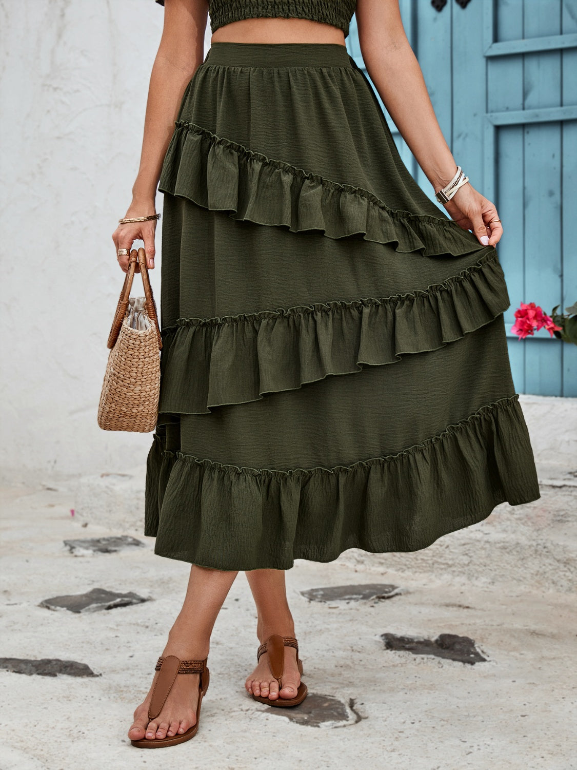 Ruffled Elastic Waist Midi Skirt-Teresa&#39;s Fashionista LLC