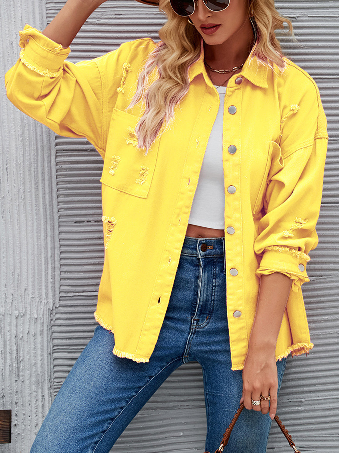 Distressed Raw Hem Button Up Denim Jacket-Teresa&#39;s Fashionista LLC