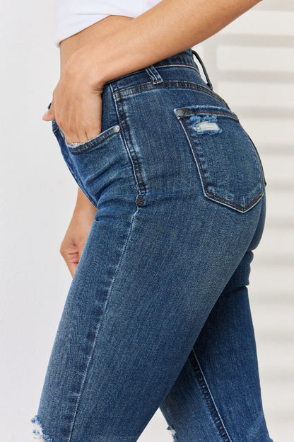 Judy Blue Full Size Mid Waist Distressed Slim Jeans-Teresa&#39;s Fashionista LLC