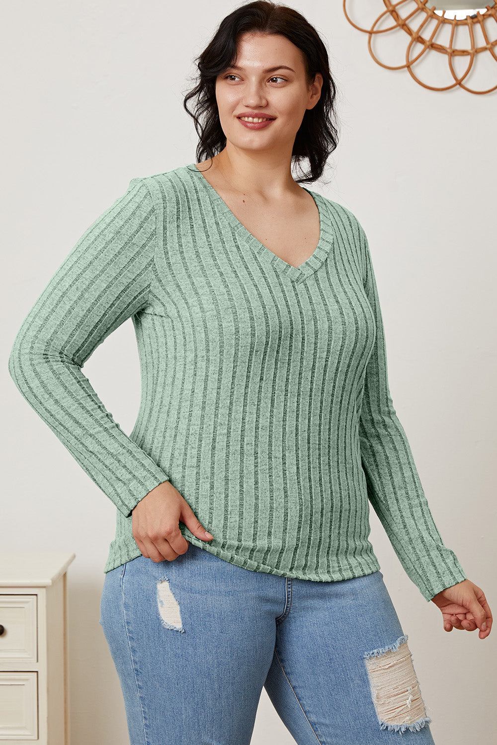 Basic Bae Full Size Ribbed V-Neck Long Sleeve T-Shirt-Teresa&#39;s Fashionista LLC