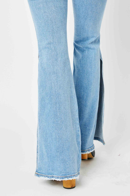 Judy Blue Full Size Mid Rise Raw Hem Slit Flare Jeans-Teresa&#39;s Fashionista LLC