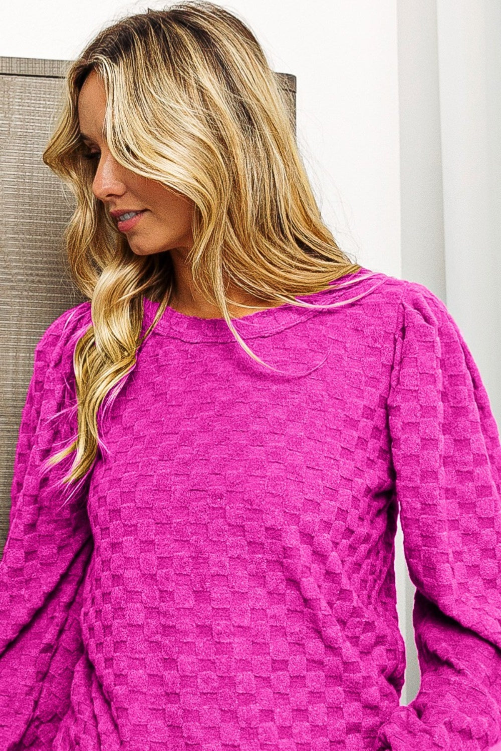 BiBi Round Neck Brushed Checker Top-Teresa&#39;s Fashionista LLC