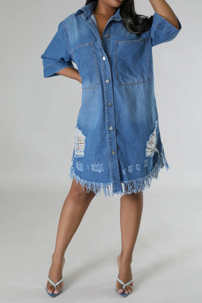 Distressed Raw Hem Button Up Denim Dress-Teresa&#39;s Fashionista LLC