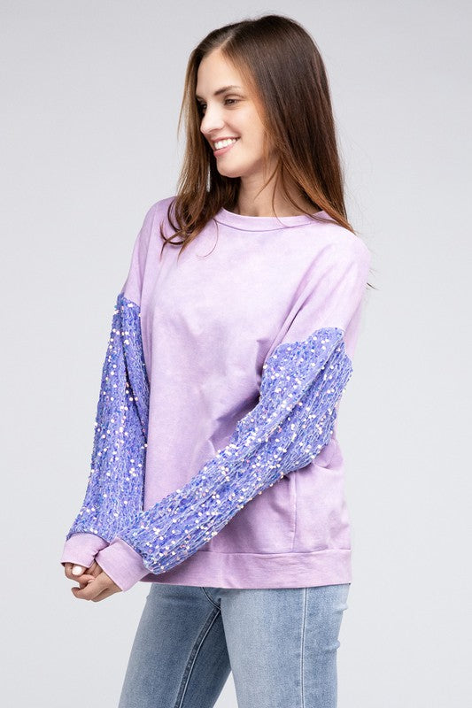 Velvet Sequin Sleeve Mineral Washed Top-Teresa&#39;s Fashionista LLC