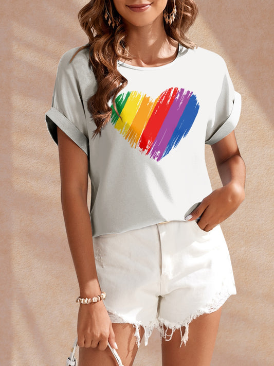 Heart Round Neck Short Sleeve T-Shirt - Teresa's Fashionista LLC