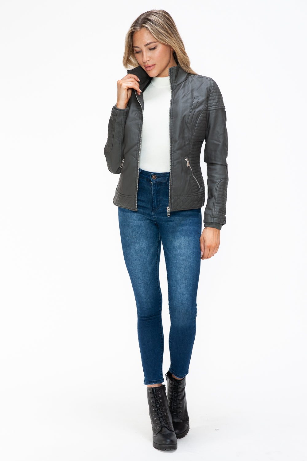 YMI Faux Layered Double-Zipper Jacket with Fuzzy Hood