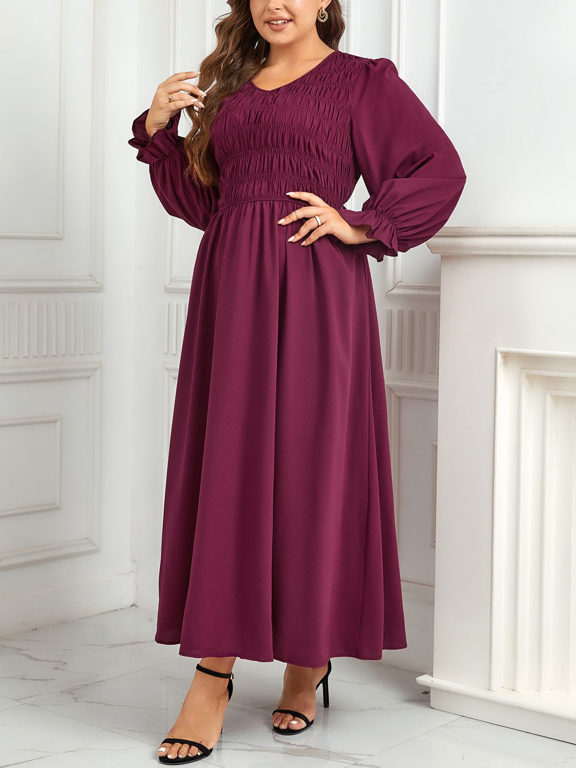 Plus Size Flounce Sleeve Smocked Maxi Dress-Teresa&#39;s Fashionista LLC