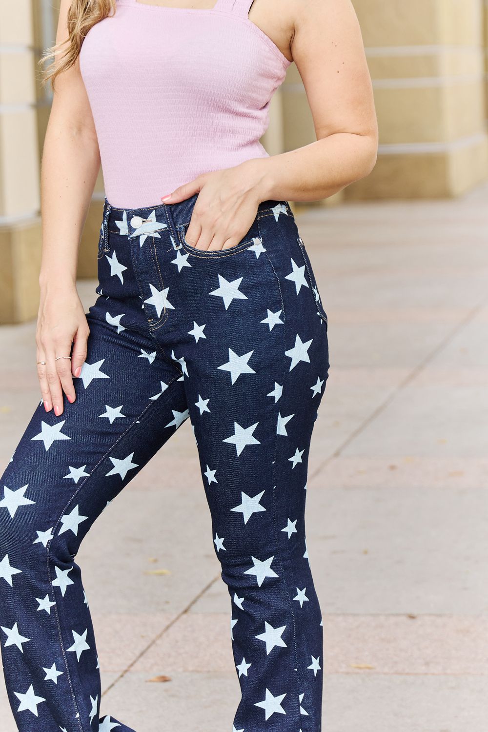 Judy Blue Janelle Full Size High Waist Star Print Flare Jeans-Teresa&#39;s Fashionista LLC