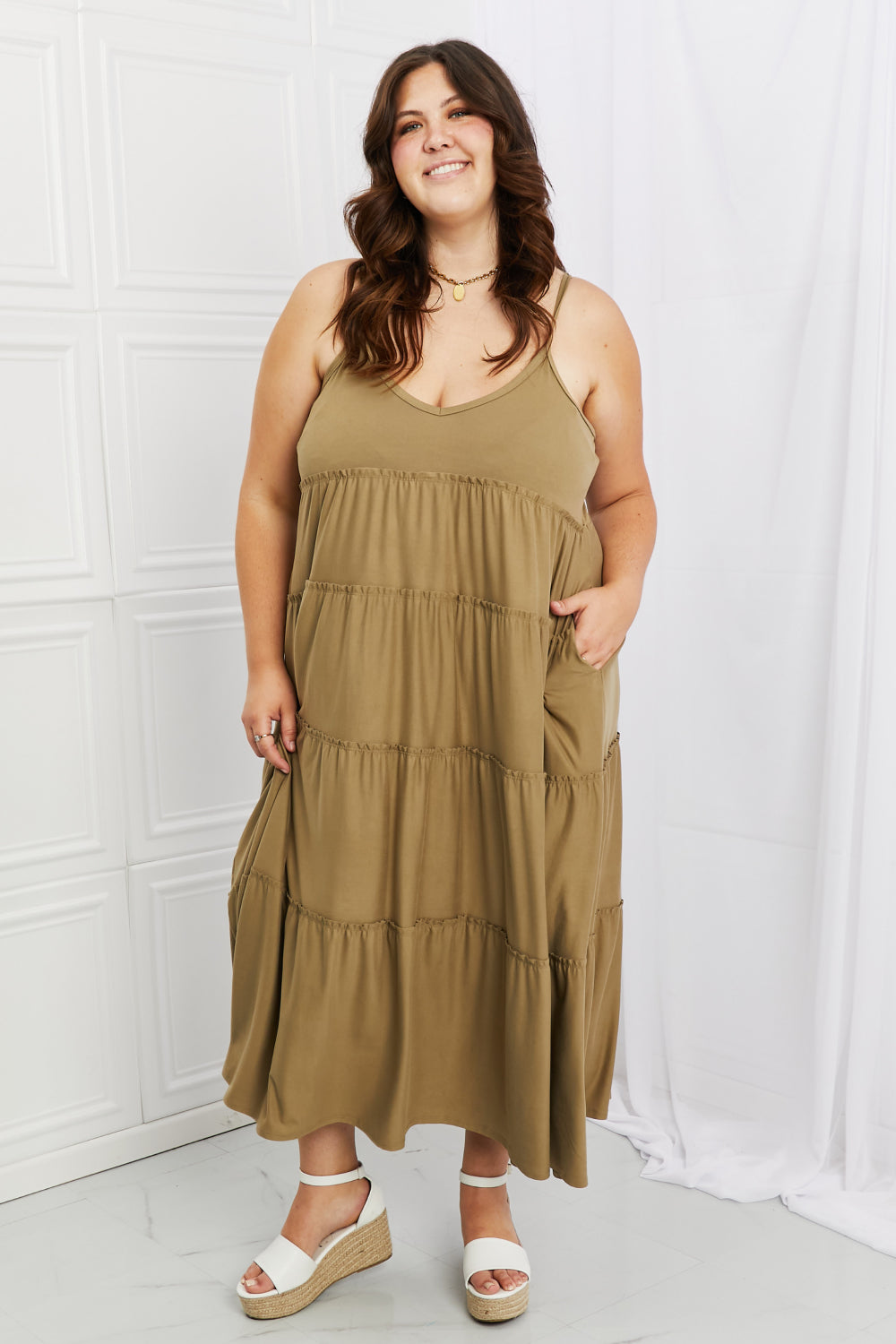 Zenana Full Size Spaghetti Strap Tiered Dress with Pockets in Khaki-Teresa&#39;s Fashionista LLC