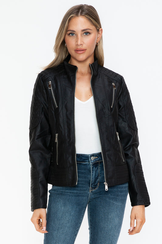 Snobbish Faux Leather Zip Up Mock Neck Jacket