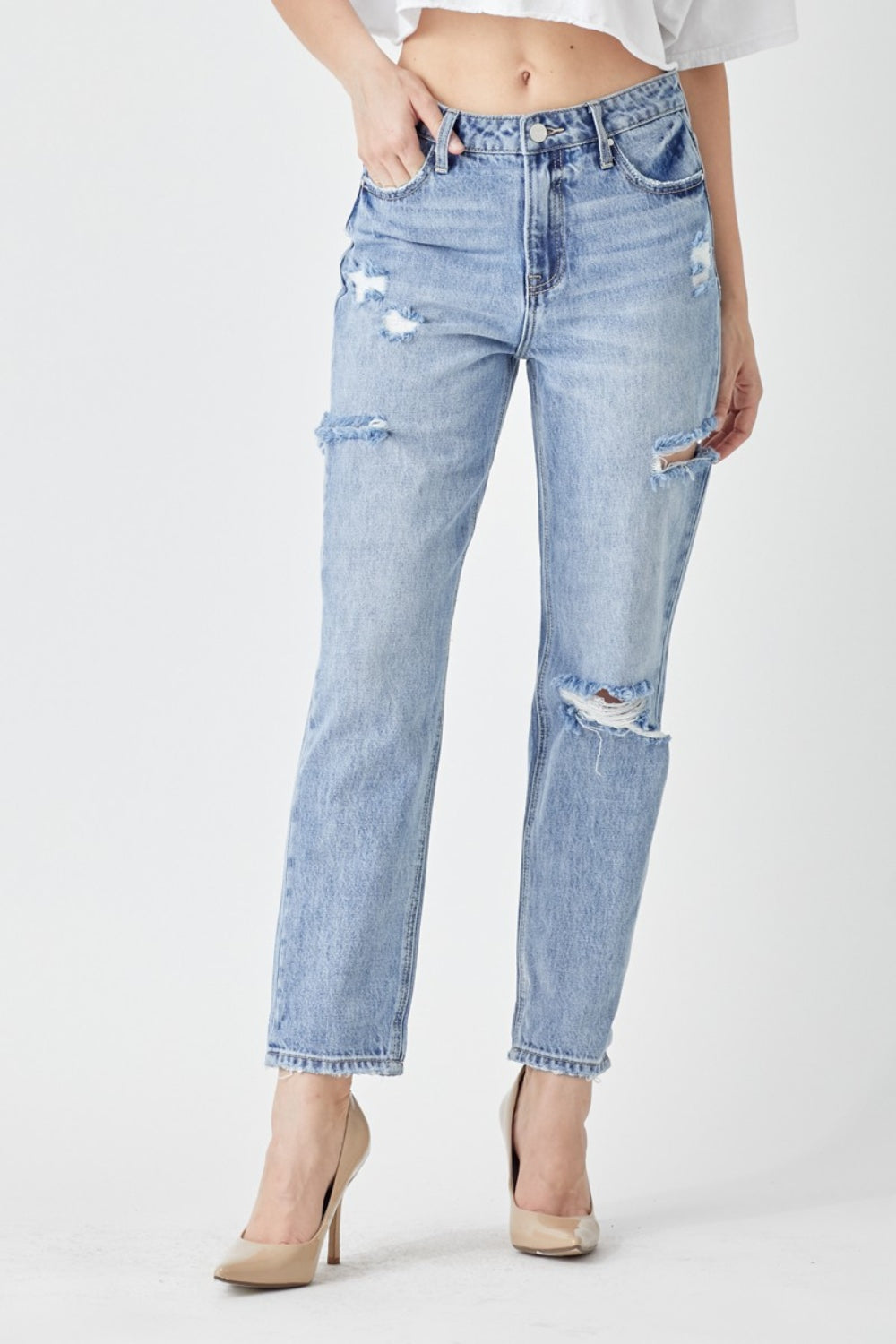 RISEN Distressed Slim Cropped Jeans-Teresa&#39;s Fashionista LLC