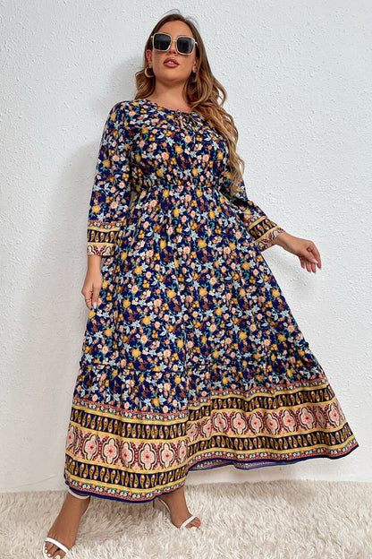 Melo Apparel Plus Size Bohemian Round Neck Maxi Dress-Teresa&#39;s Fashionista LLC