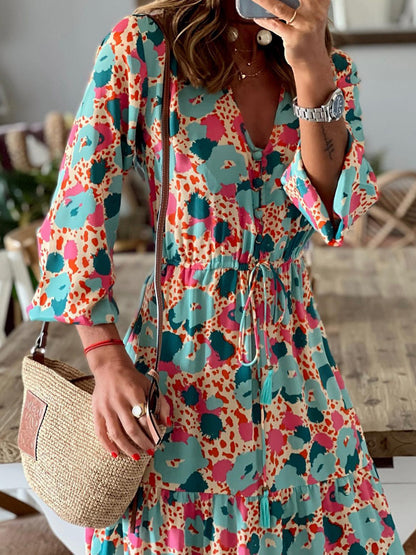 Tassel Printed Three-Quarter Sleeve Dress-Teresa&#39;s Fashionista LLC