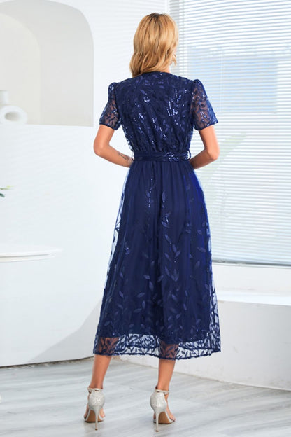 Sequin Leaf Embroidery Tie Front Short Sleeve Dress-Teresa&#39;s Fashionista LLC