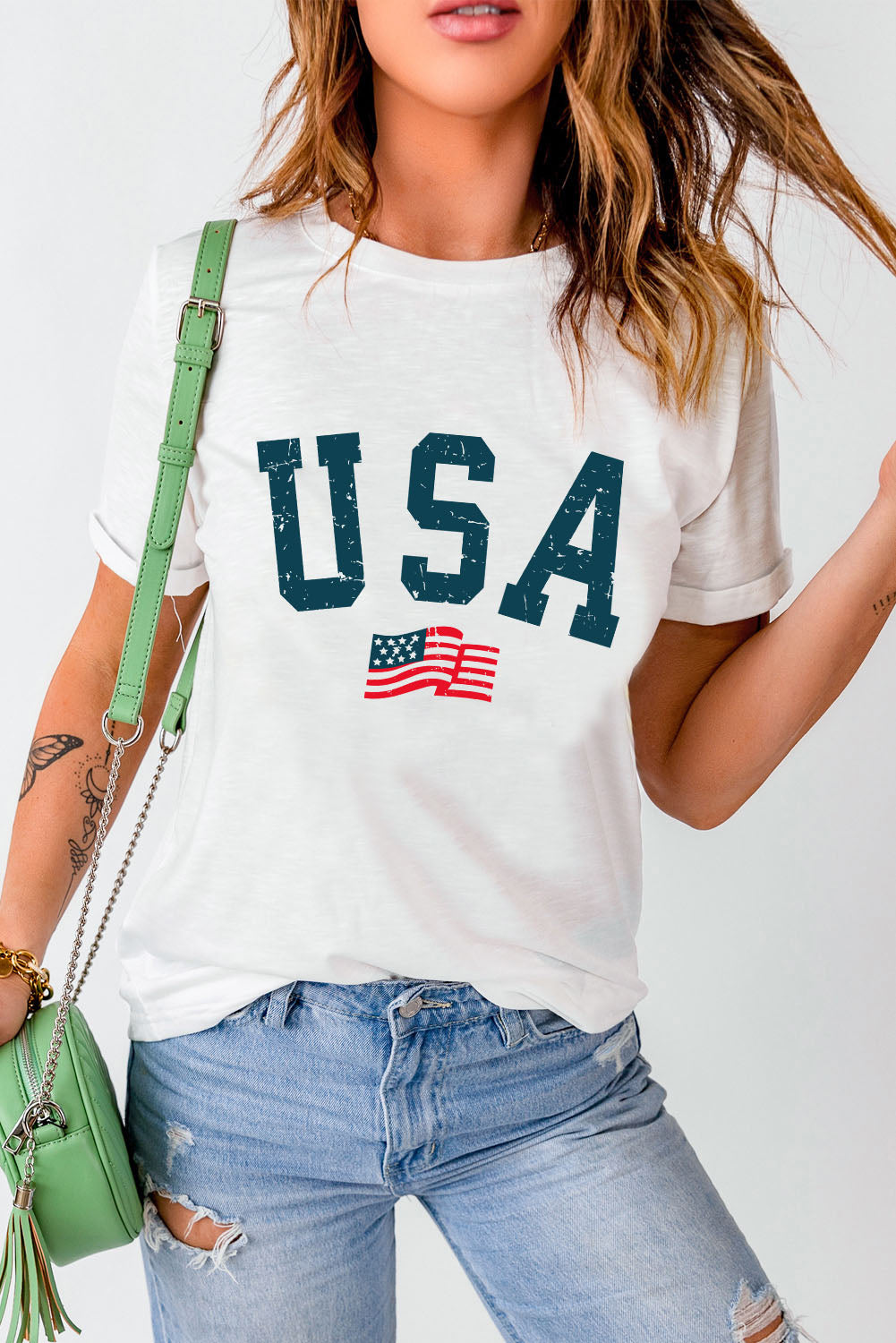 USA Round Neck Short Sleeve T-Shirt-Teresa&#39;s Fashionista LLC