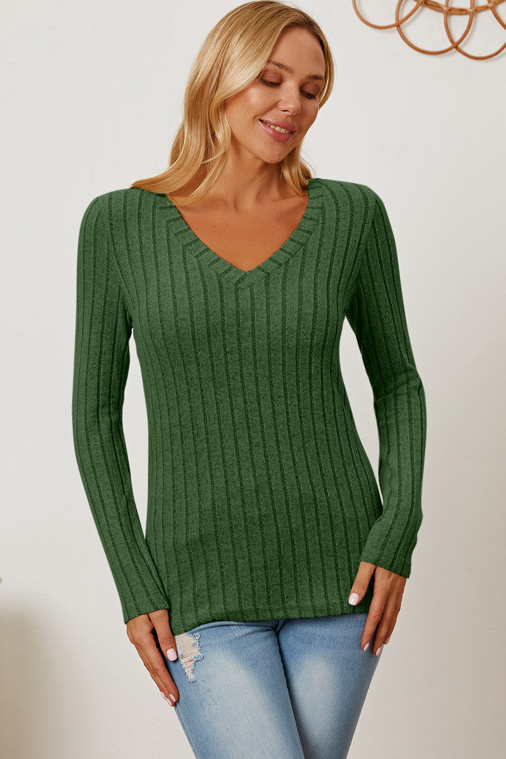 Basic Bae Full Size Ribbed V-Neck Long Sleeve T-Shirt-Teresa&#39;s Fashionista LLC