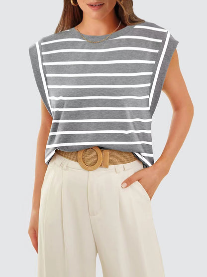 Striped Round Neck Cap Sleeve T-Shirt-Teresa&#39;s Fashionista LLC