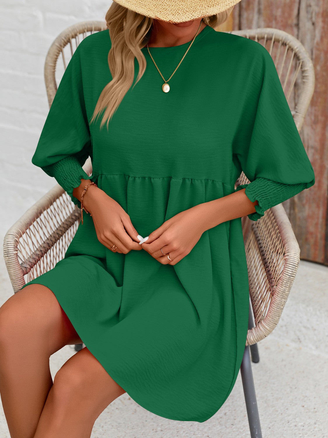 Round Neck Lantern Sleeve Mini Dress-Teresa&#39;s Fashionista LLC