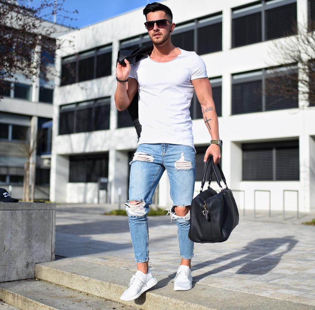 European And American Men's Skinny Jeans Light Color Hole Skinny Pants-Teresa&#39;s Fashionista LLC