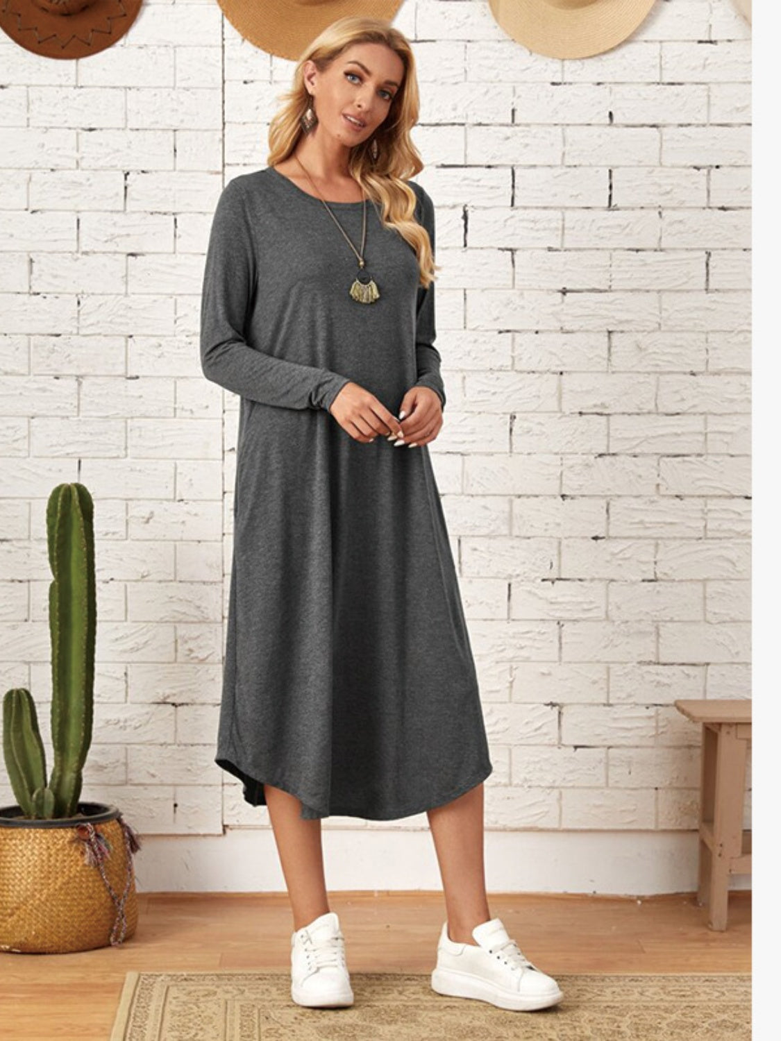 Pocketed Round Neck Long Sleeve Tee Dress-Teresa&#39;s Fashionista LLC