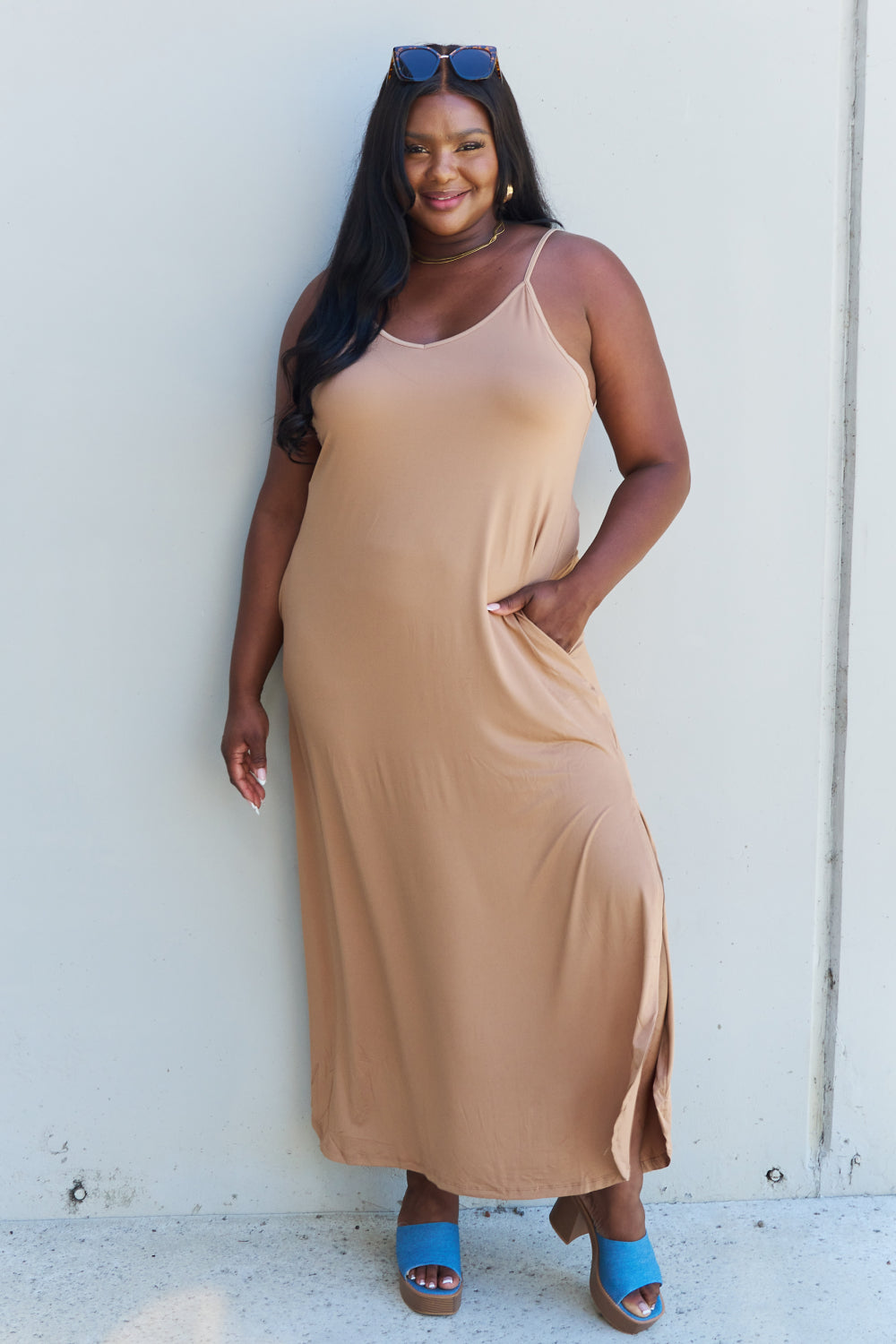 Ninexis Good Energy Full Size Cami Side Slit Maxi Dress in Camel-Teresa&#39;s Fashionista LLC