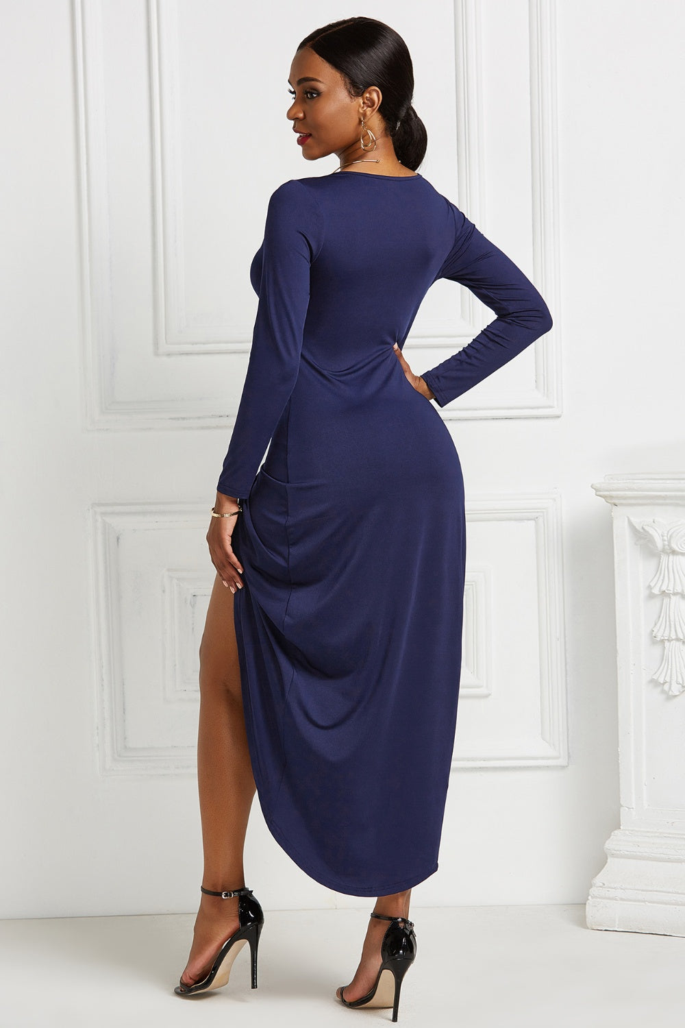 High-low Ruched Surplice Long Sleeve Dress-Teresa&#39;s Fashionista LLC