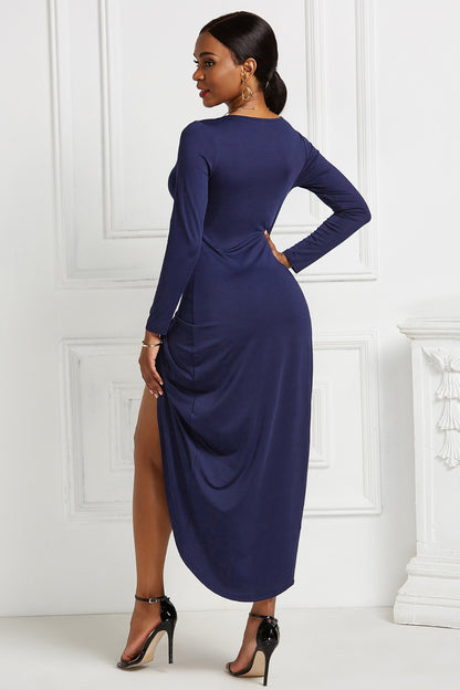 High-low Ruched Surplice Long Sleeve Dress-Teresa&#39;s Fashionista LLC