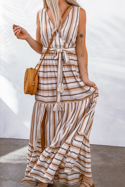 Striped Tie Waist Slit Sleeveless Dress-Teresa&#39;s Fashionista LLC