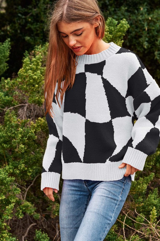 Multi Geo Checker Pullover Knit Sweater Top-Teresa&#39;s Fashionista LLC