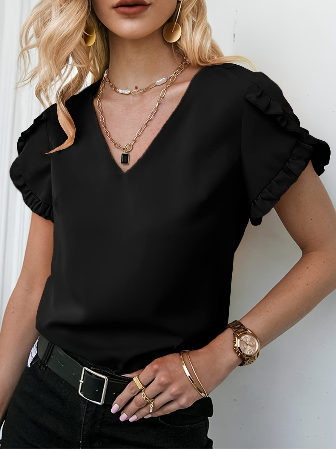 Frill V-Neck Short Sleeve Blouse-Teresa&#39;s Fashionista LLC