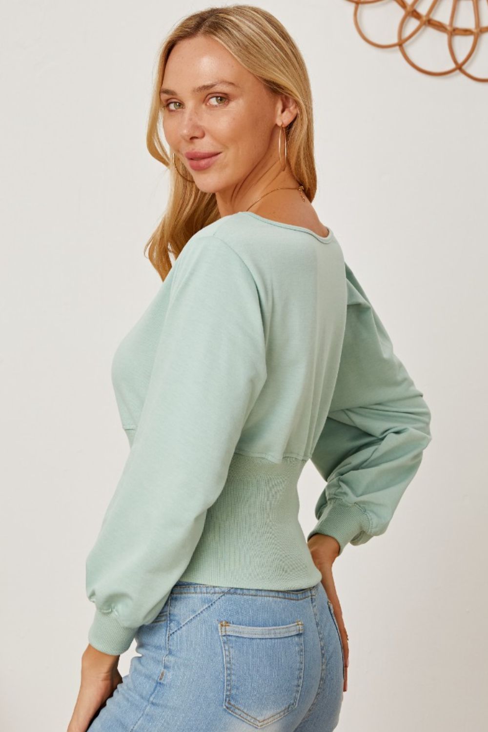 Boat Neck Lantern Sleeve Blouse-Teresa&#39;s Fashionista LLC