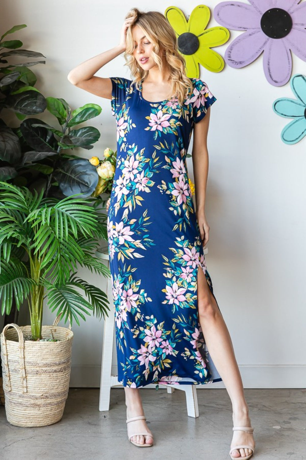 Heimish Full Size Floral Short Sleeve Slit Dress-Teresa&#39;s Fashionista LLC