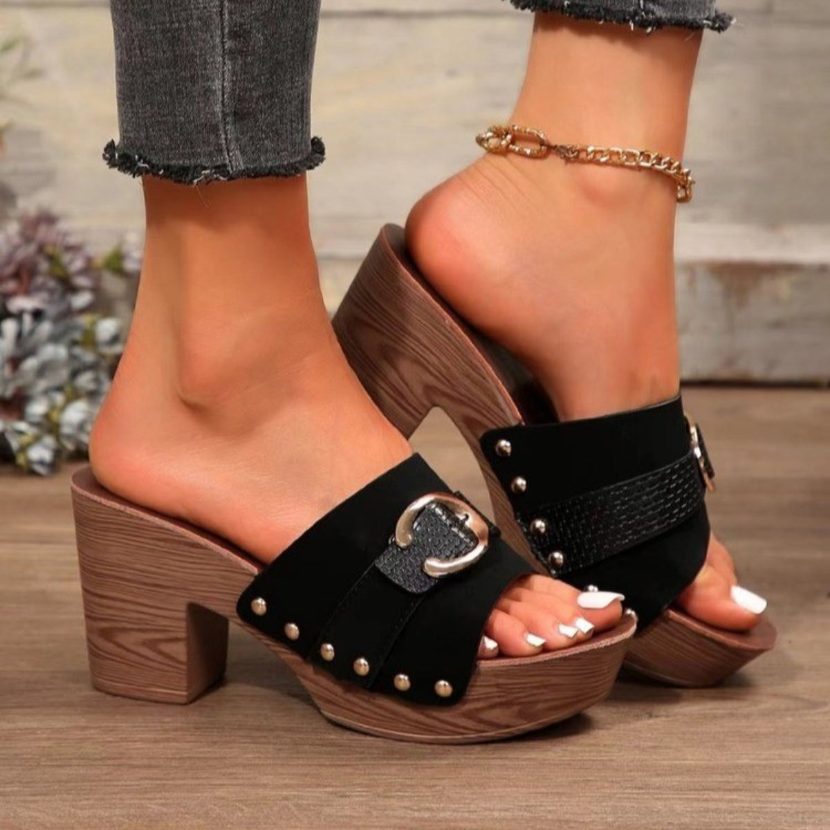 Buckle Trim Block Heel Sandals-Teresa&#39;s Fashionista LLC