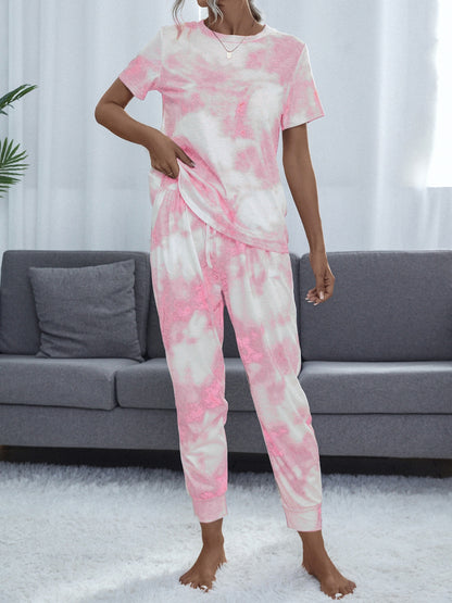 Tie-Dye Round Neck Short Sleeve Top and Pants-Teresa&#39;s Fashionista LLC