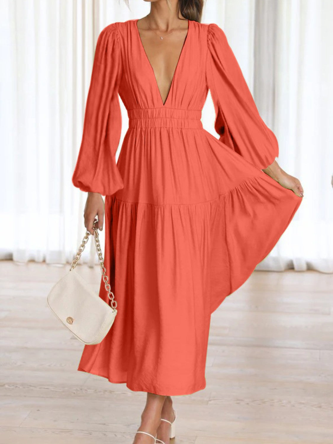 Deep V-Neck Balloon Sleeve Plain Maxi Dress-Teresa&#39;s Fashionista LLC