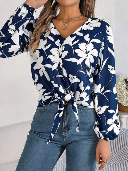 Printed V-Neck Long Sleeve Blouse-Teresa&#39;s Fashionista LLC