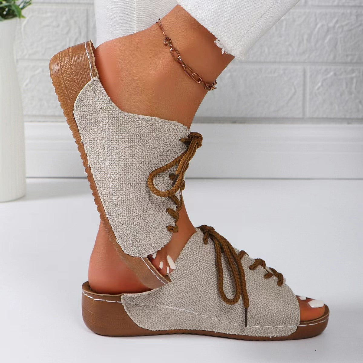 Lace-Up Open Toe Wedge Sandals-Teresa&#39;s Fashionista LLC