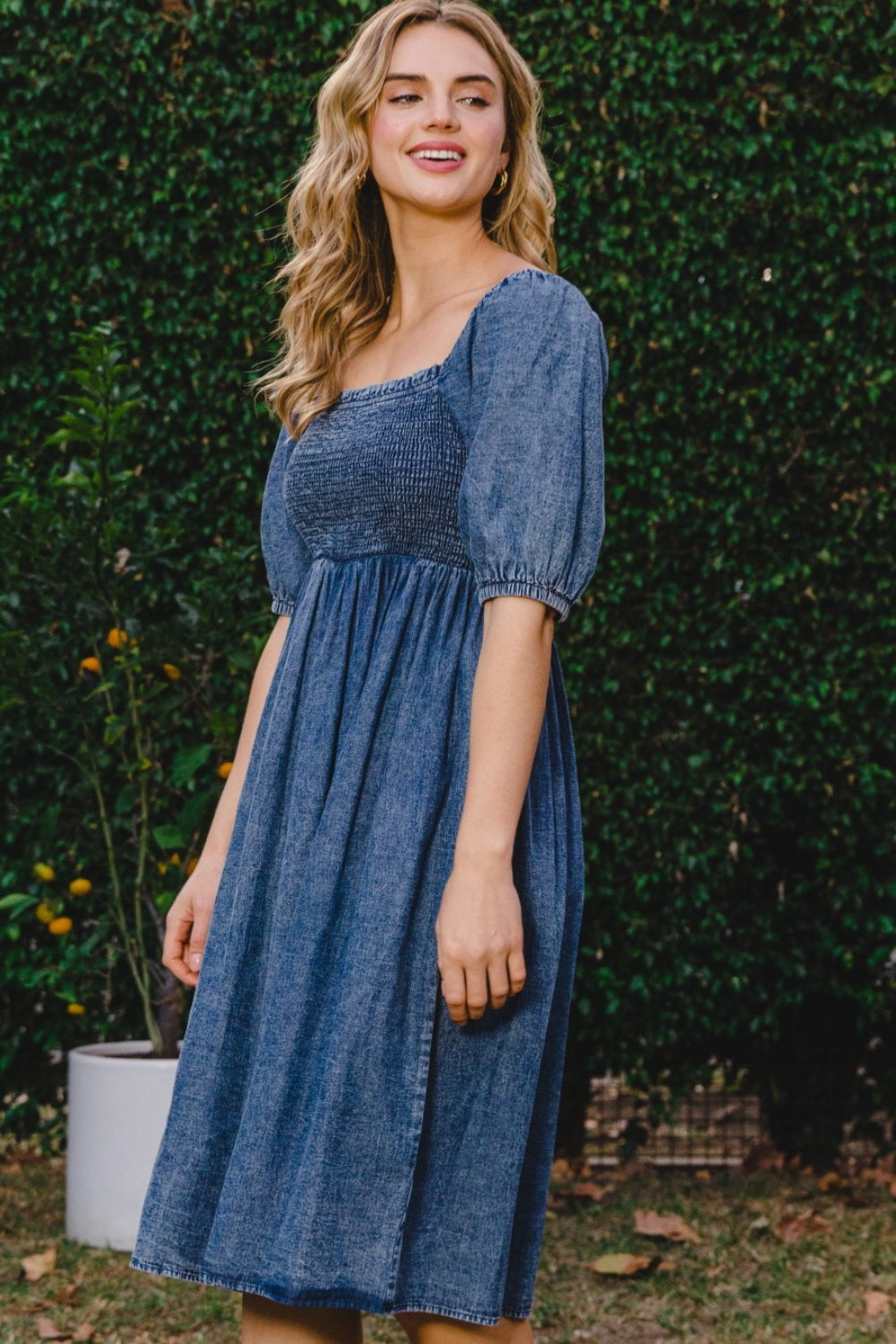 ODDI Full Size Washed Smocked Puff Sleeve Dress-Teresa&#39;s Fashionista LLC