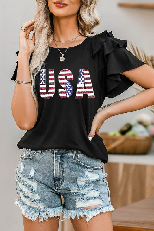 USA Round Neck Flounce Sleeve Top-Teresa&#39;s Fashionista LLC