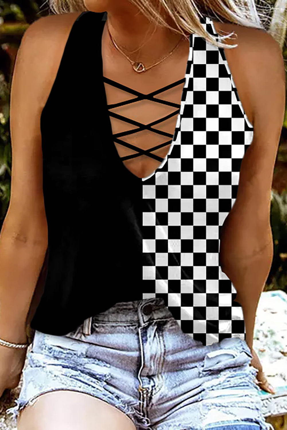 Crisscross Checkered Wide Strap Tank-Teresa&#39;s Fashionista LLC