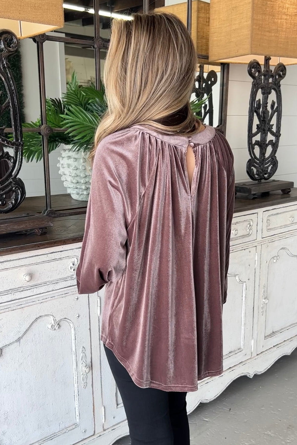 Rose Tan Button Keyhole Back Velvet Swing Top-Teresa&#39;s Fashionista LLC