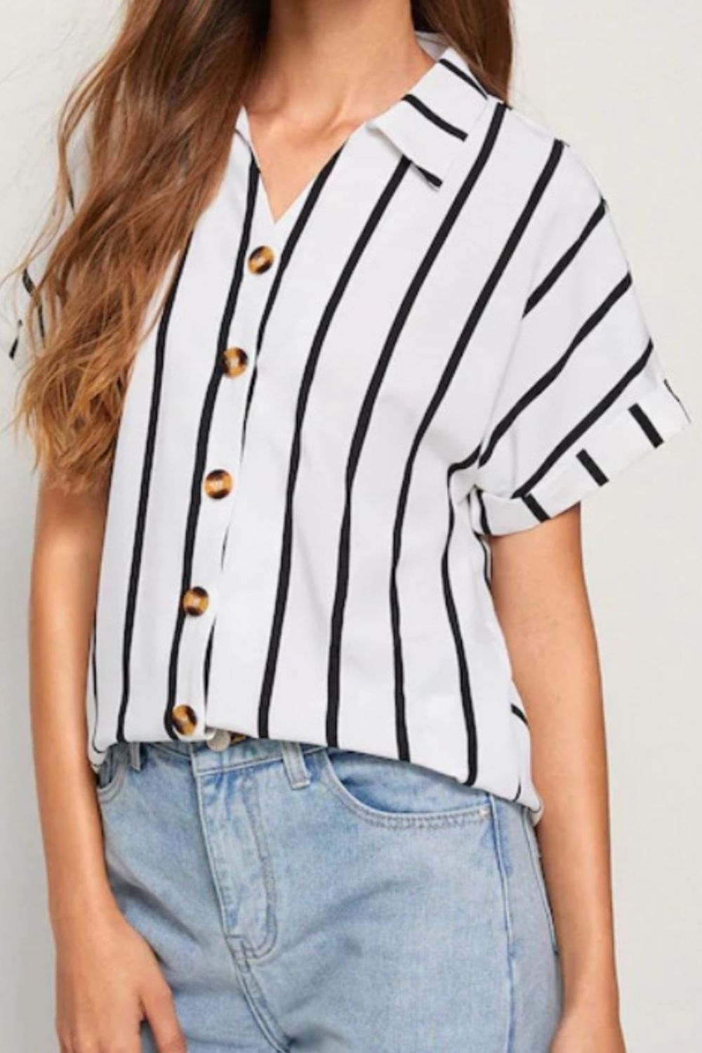 Striped Button Up Short Sleeve Shirt-Teresa&#39;s Fashionista LLC