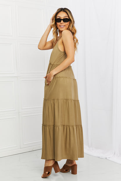 Zenana Full Size Spaghetti Strap Tiered Dress with Pockets in Khaki-Teresa&#39;s Fashionista LLC