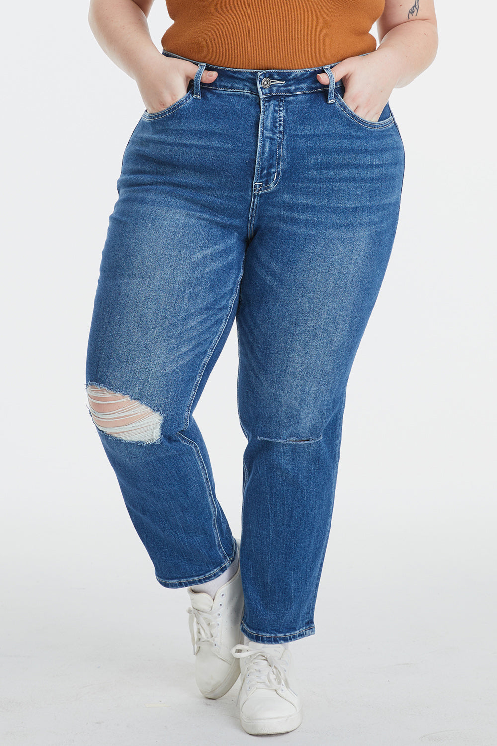 BAYEAS Full Size High Waist Distressed Washed Cropped Mom Jeans-Teresa&#39;s Fashionista LLC